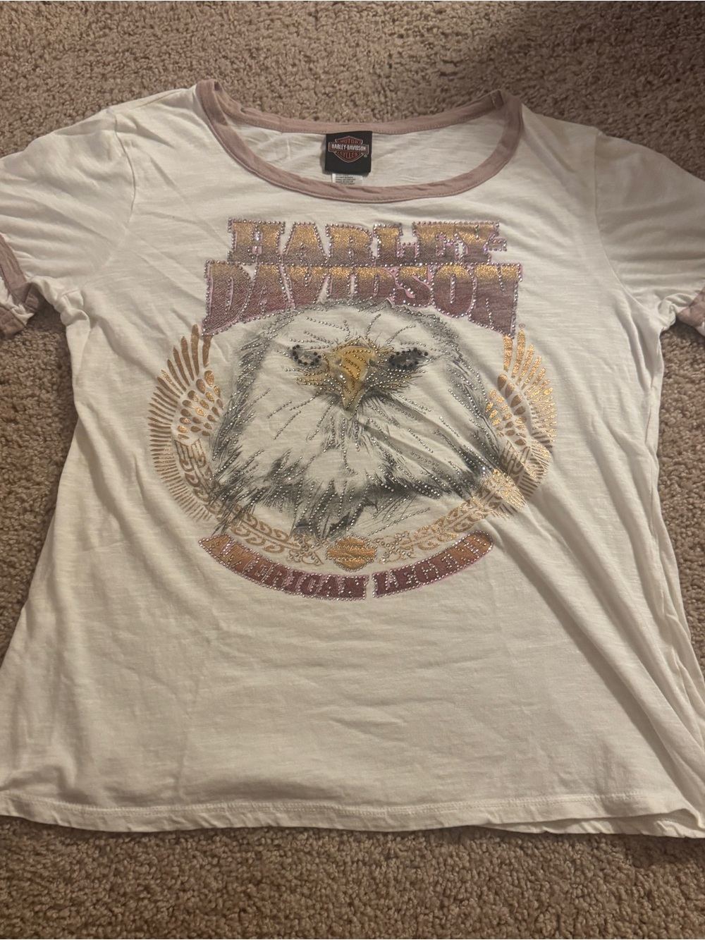 Harley-Davidson White Tee with Gold and Purple Eagle Graphic